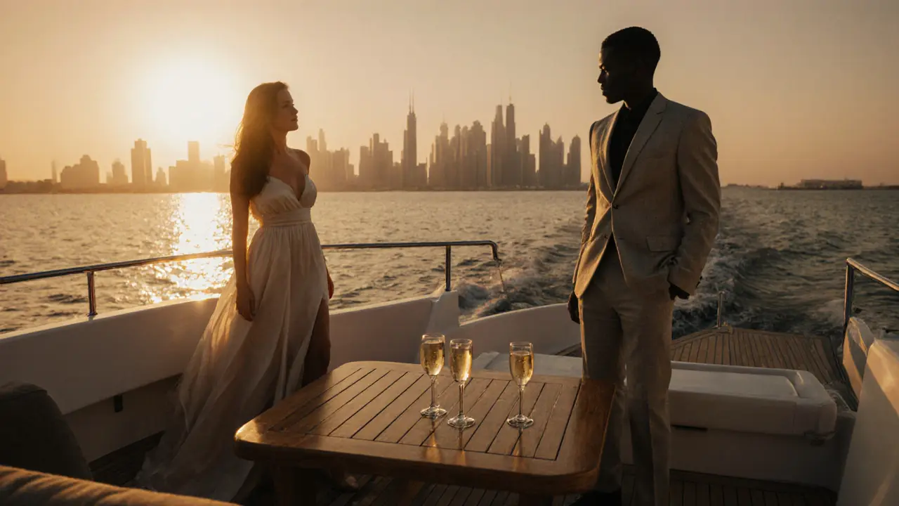 A couple on a private yacht at sunset in Abu Dhabi, silhouetted against the glowing city skyline.