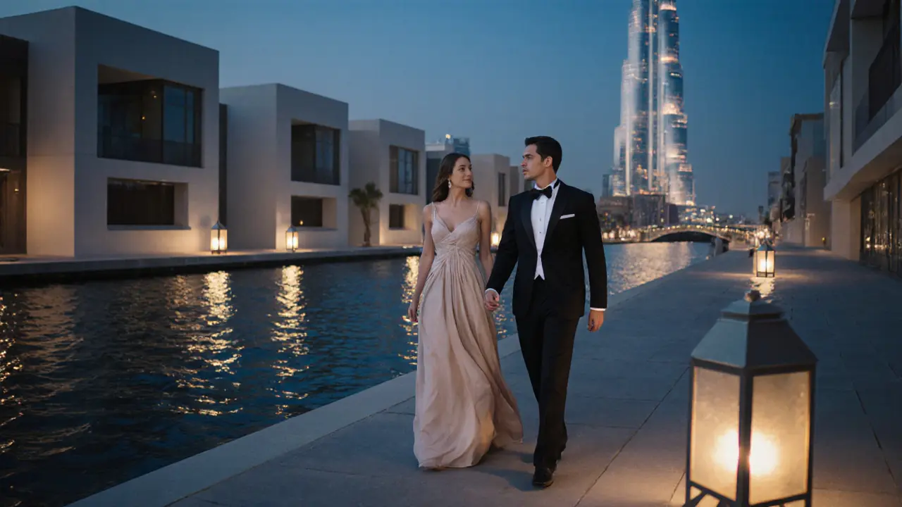 A couple strolling peacefully along the Dubai Canal under soft evening lights with the Burj Khalifa in the distance.