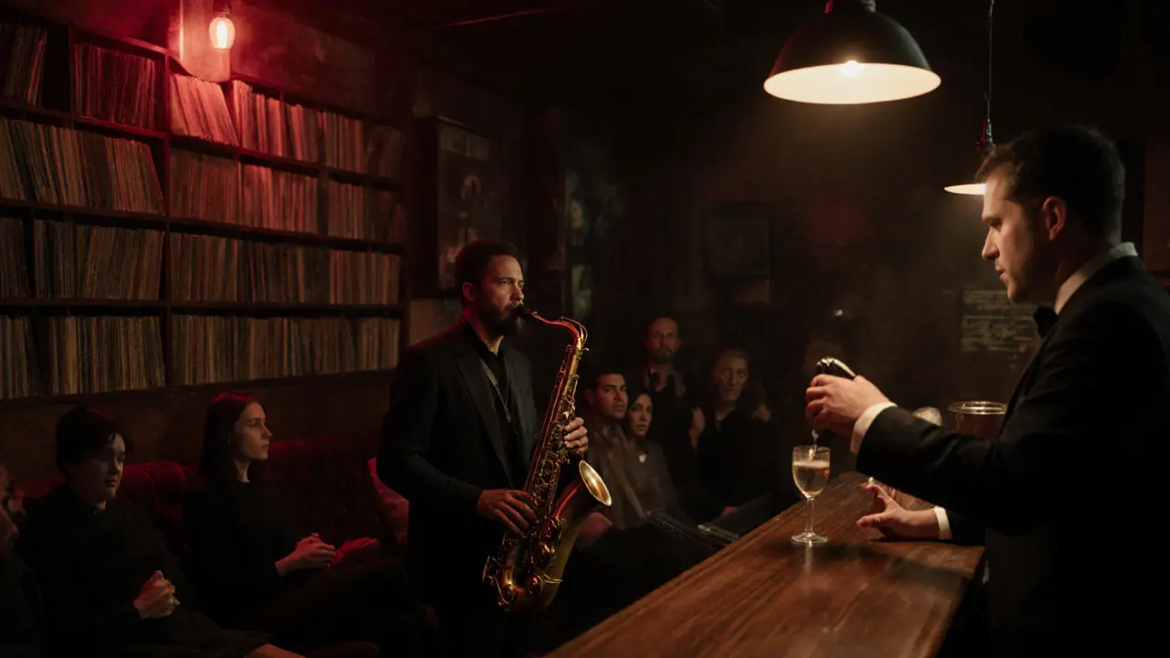 A cozy basement jazz club with books and vinyl, musicians playing to a quiet crowd.