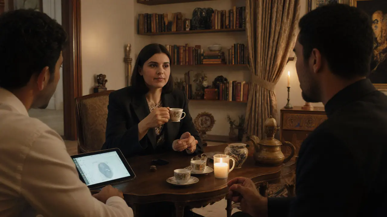 A cultured companion discusses art with a client in a private villa filled with books and cultural artifacts.