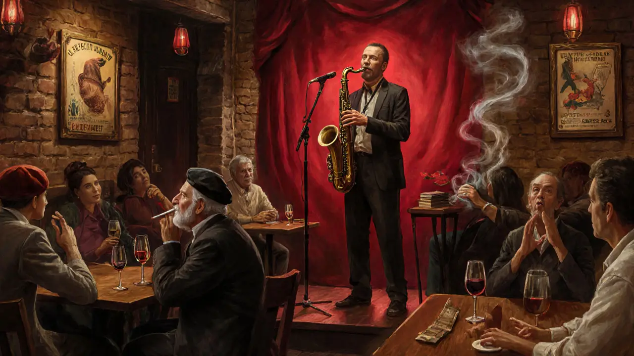 A dimly lit jazz club basement with a saxophonist playing and locals sipping wine under vintage posters.