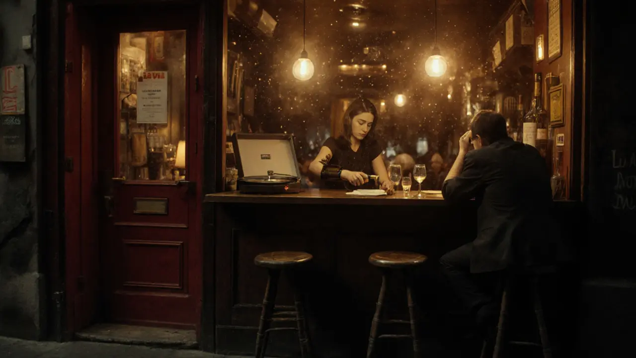A dimly lit wine bar with five stools, a woman pouring wine, jazz playing softly in the background.