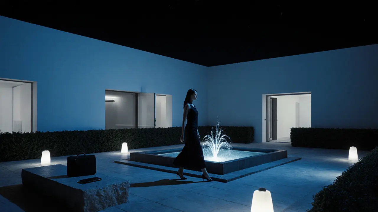 A discreet woman walking through a private villa courtyard at night, surrounded by lanterns and stillness.