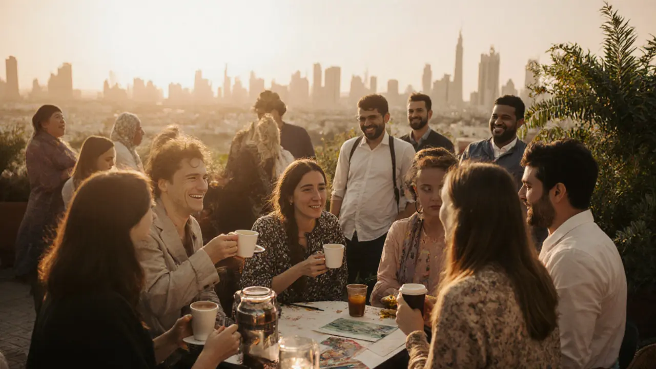 A diverse group of expats and locals enjoy a sunlit meetup in a Dubai garden, sharing conversation and art.