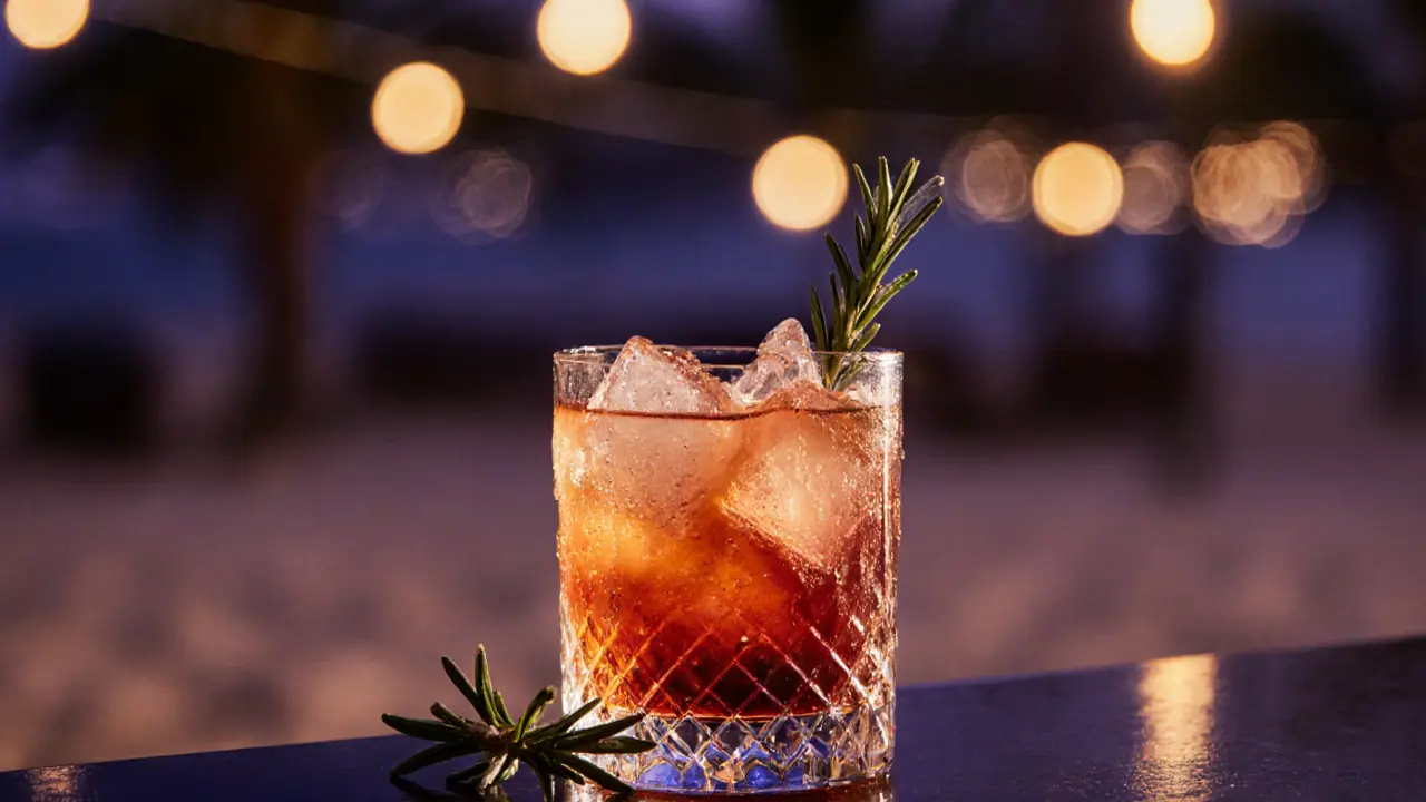 A glowing cocktail with tamarind and hibiscus, styled like a desert sunset, resting on a wooden table.
