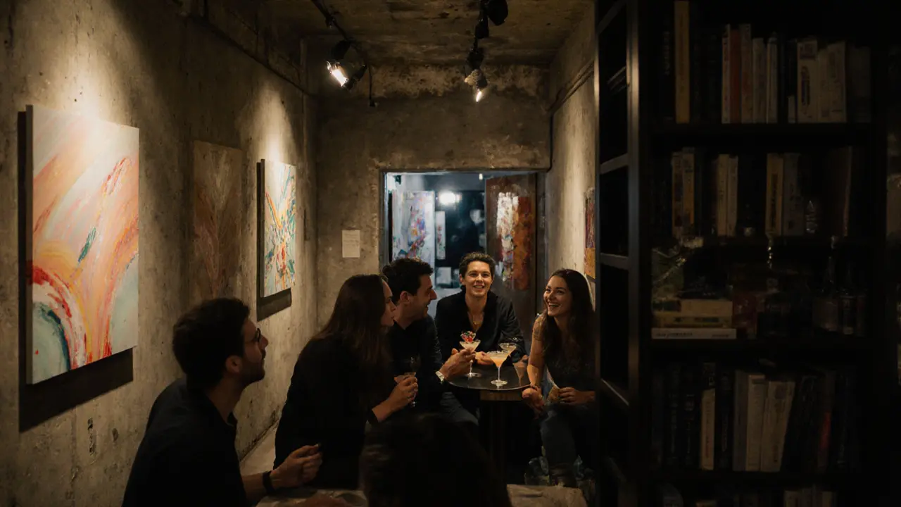 A group of friends in an underground art lounge in Alserkal Avenue, surrounded by modern paintings.