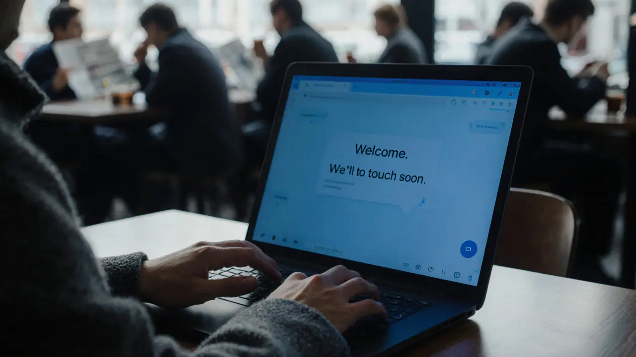 A hand hovers over a laptop screen showing an encrypted message in a quiet Berlin café, conveying discretion and anonymity.