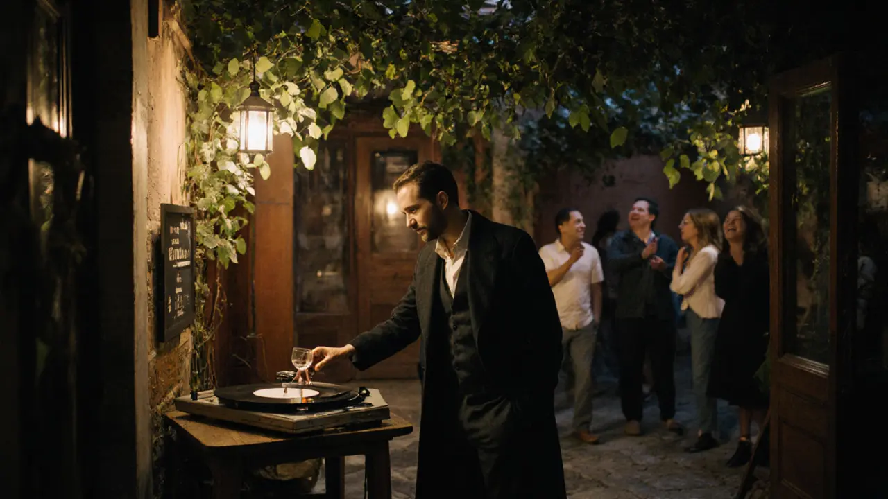 A hidden bar under a fig tree at night in Milan, with a man at a table, an old turntable, and soft moonlight filtering through leaves.