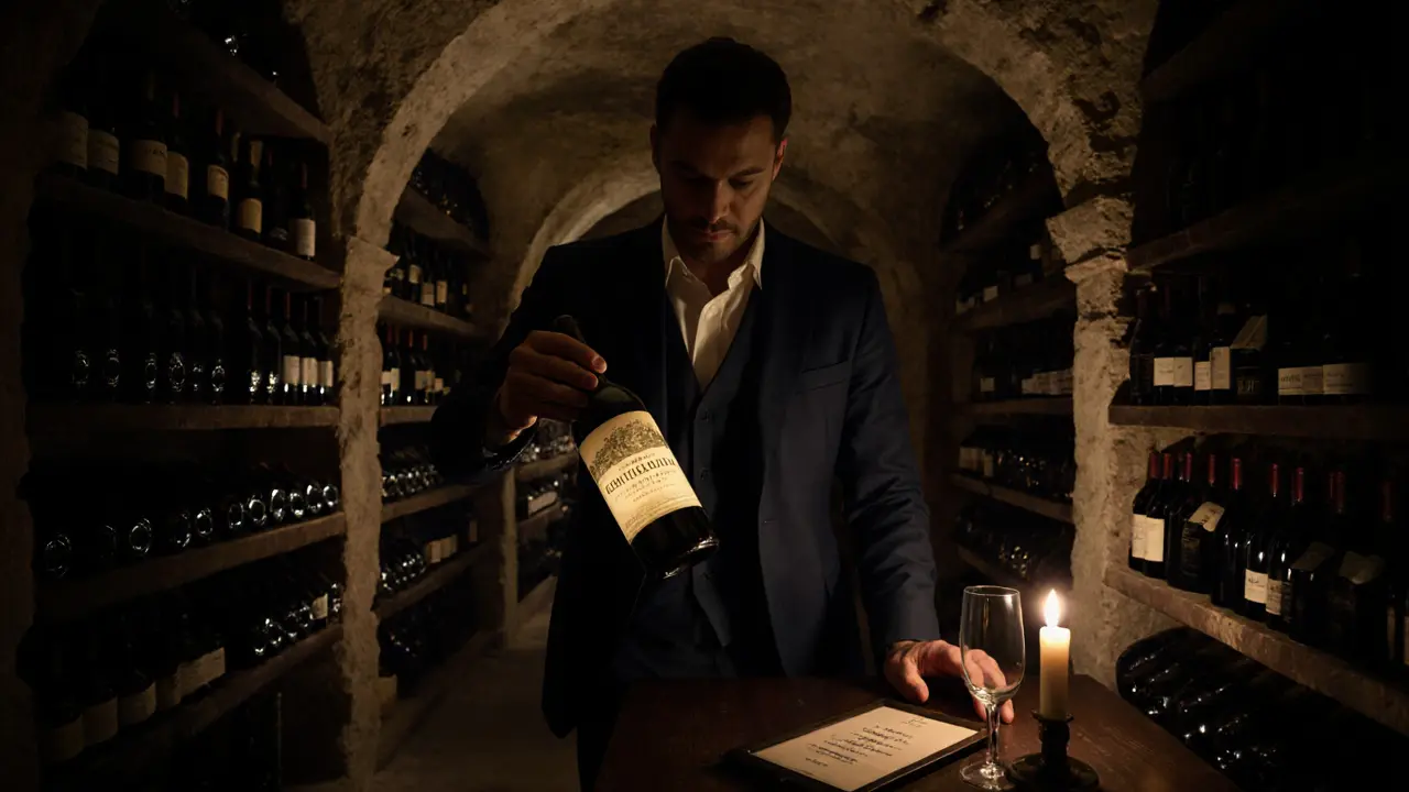 A hidden wine cellar with candlelight revealing rare bottles and an elegant man selecting a vintage.