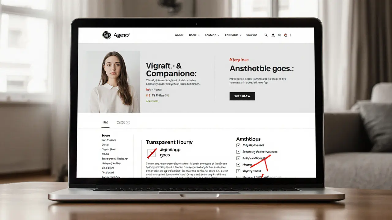 A laptop screen displaying a professional escort agency website with transparent pricing and verified profiles.