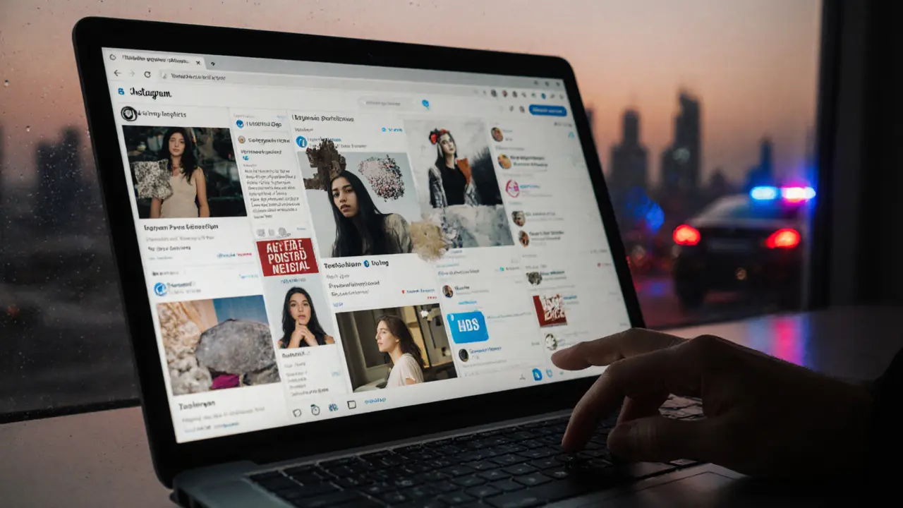 A laptop shows fake escort profiles and payment requests, with police lights reflecting on the window.
