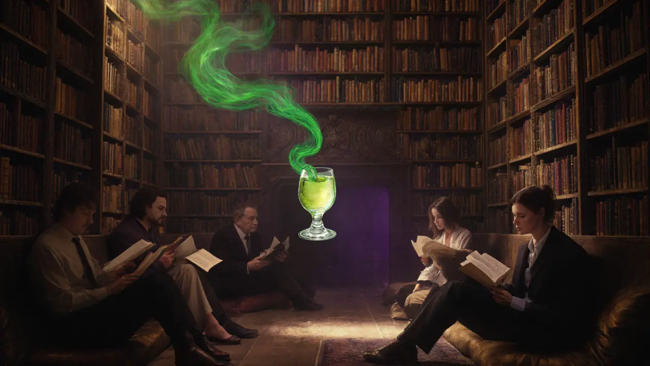 A library at night becomes a quiet nightclub, patrons reading poetry under dim lights among towering bookshelves.