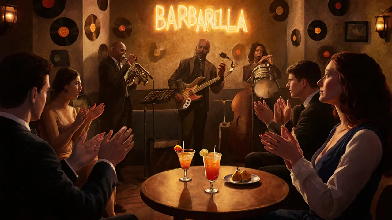 A live soul band performing in a dimly lit lounge with patrons seated quietly, enjoying craft cocktails.