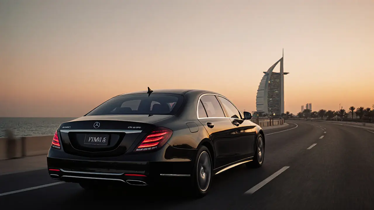 A luxury car gliding along Palm Jumeirah at dusk, tinted windows reflecting the skyline.