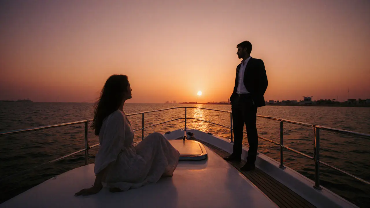 A man and woman sit peacefully on a private yacht at sunset, overlooking the calm waters of Al Raha Beach.