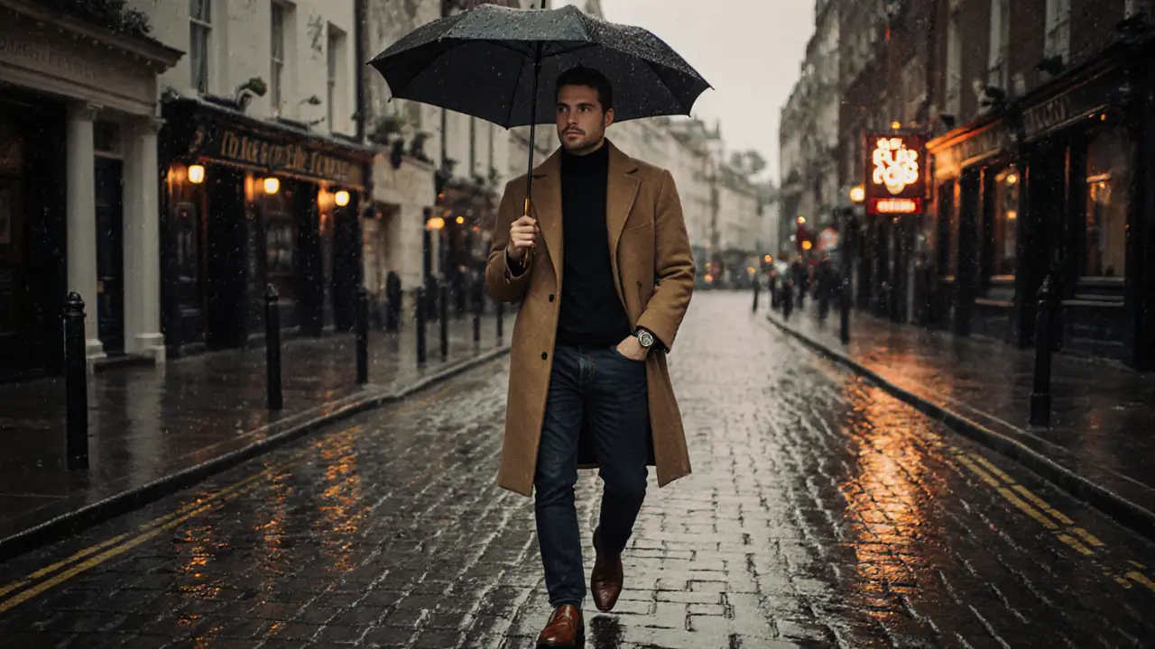 A man in a camel overcoat walks through rainy London streets, holding an umbrella and wearing polished loafers.