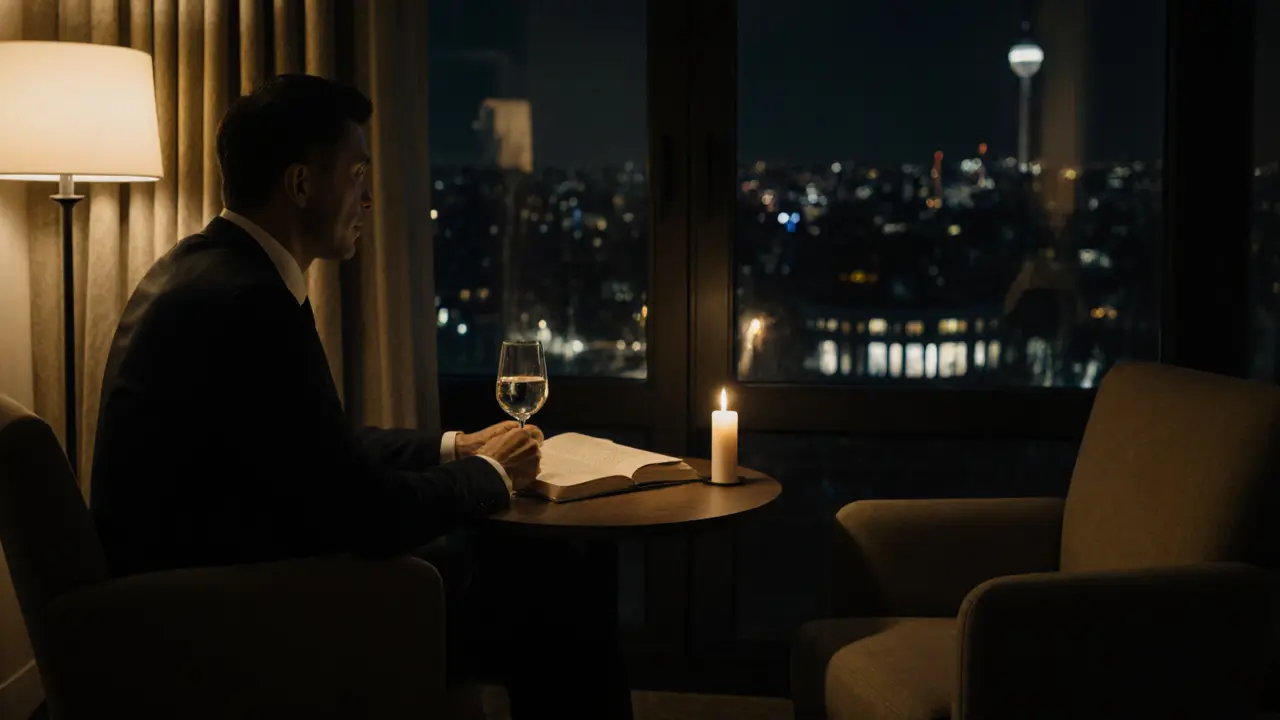 A man sits alone at a hotel table in Berlin, candlelight glowing beside an open book, implying a quiet, meaningful encounter.