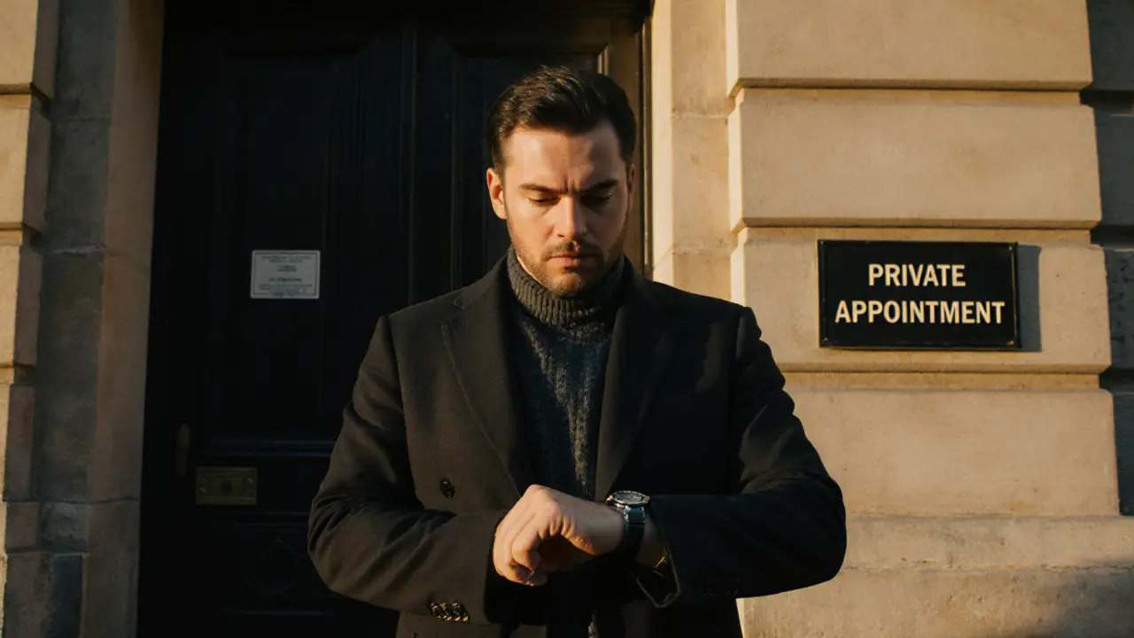 A man waiting respectfully outside a modest Paris apartment building at dusk.