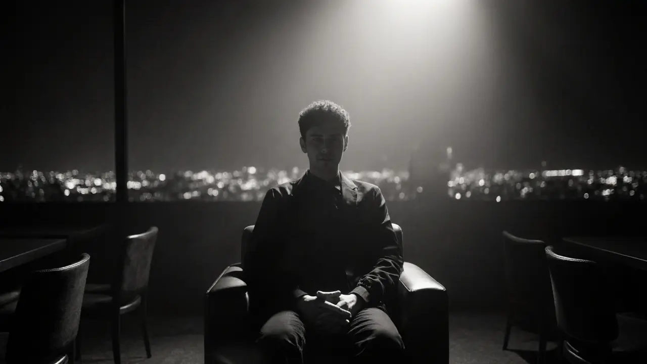 A person sitting perfectly still in a dim lounge, radiating calm confidence without movement or distraction.