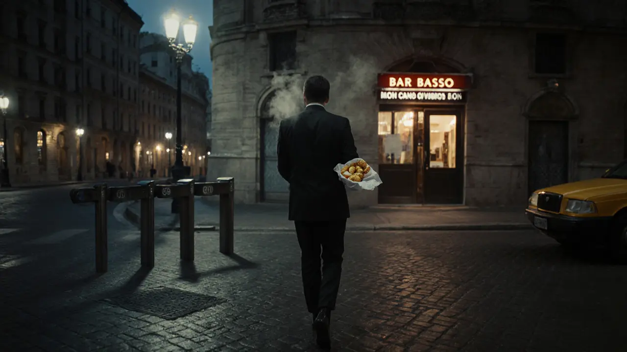 A person walks at dawn with panzerotti near Milan's Duomo, ending a night of authentic local revelry.
