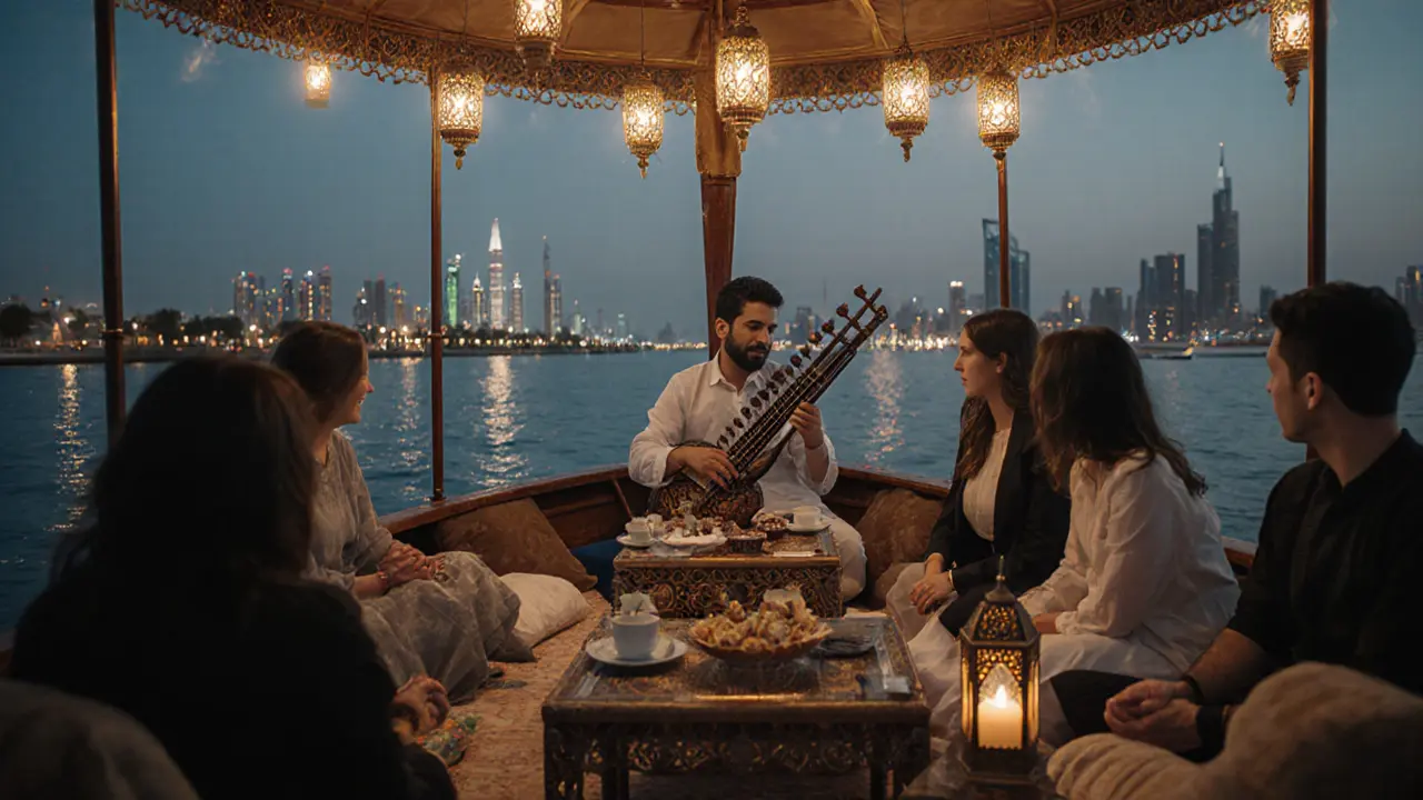 A private dhow cruise on Dubai Creek with lanterns, music, and traditional sweets under the night sky.
