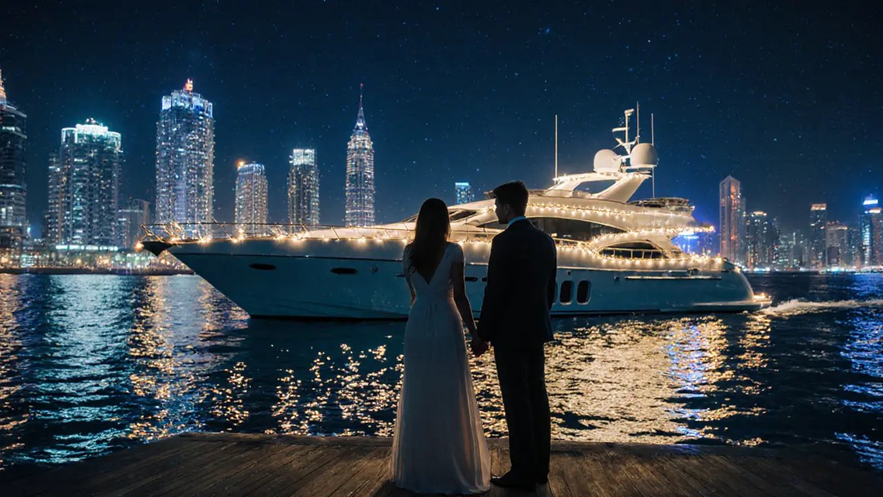 A private yacht cruising along Dubai Marina at night, silhouettes of a couple standing calmly as the city glows behind them.