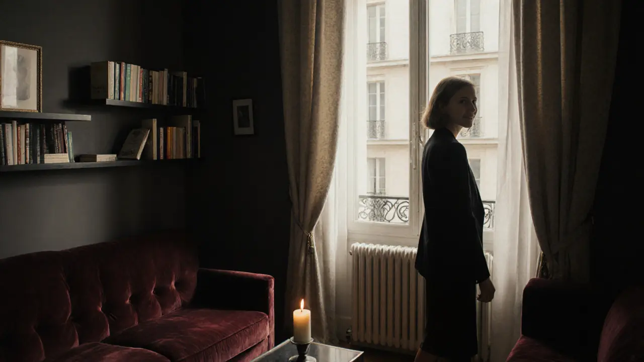 A professional companion in a cozy Paris apartment, smiling gently near a window with books and candlelight.
