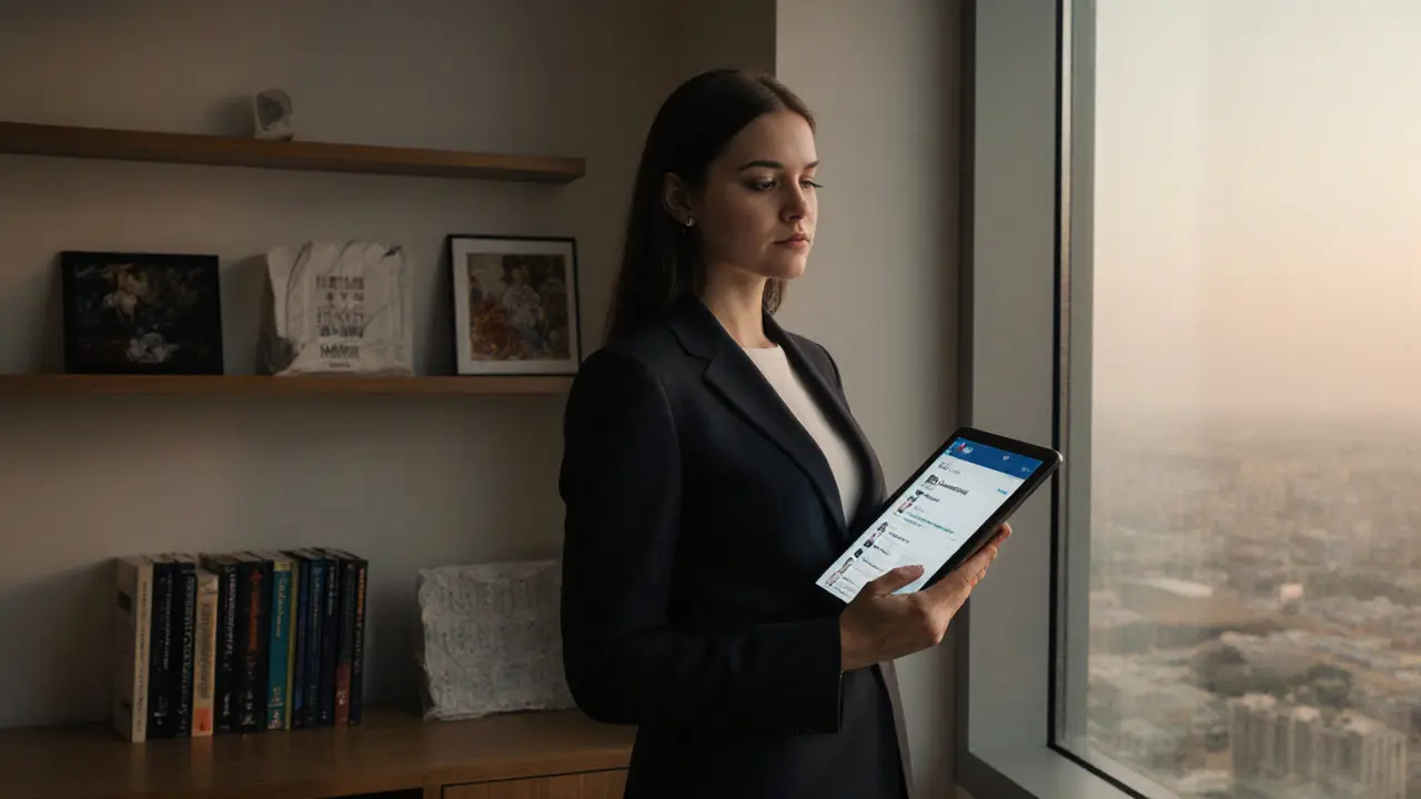 A professional woman in a tailored suit standing in a modern Dubai office, morning light streaming in.