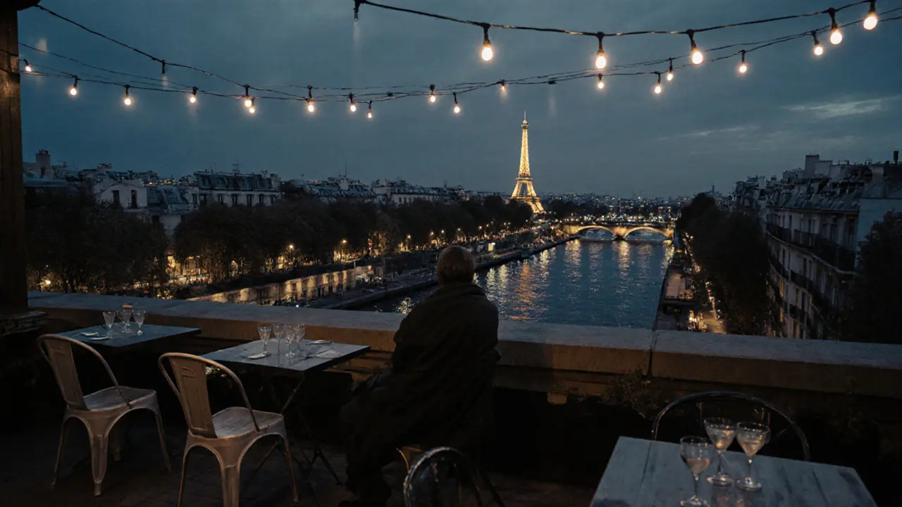 A quiet rooftop terrace with a view of the Eiffel Tower glowing in the midnight sky.