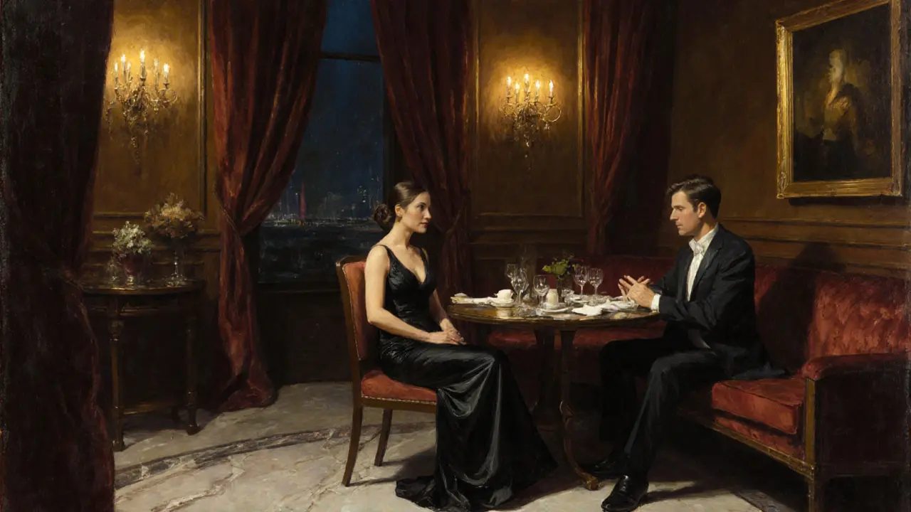 A refined couple converses quietly in a luxurious members-only club, bathed in golden ambient light.