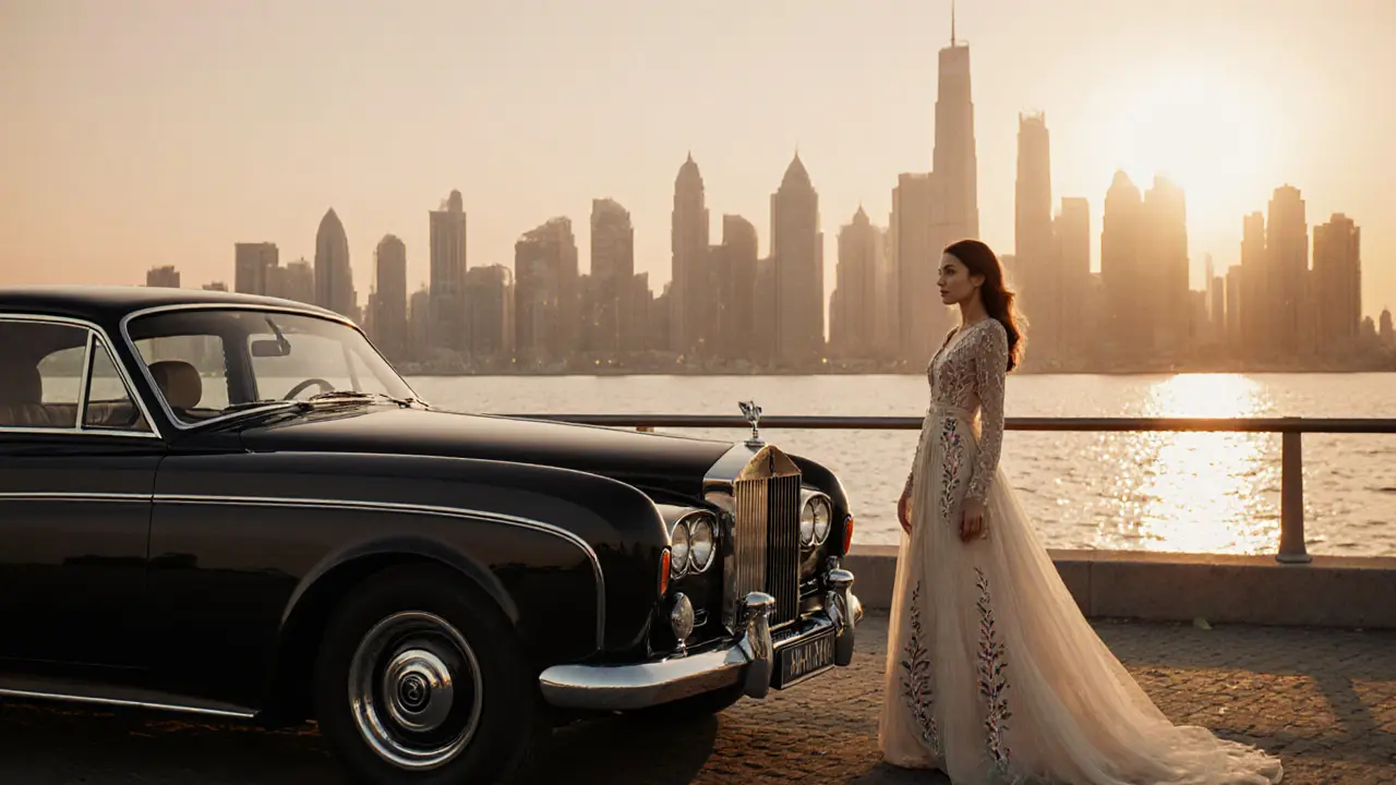 A refined woman stands beside a classic car at Abu Dhabi&#039;s Corniche at sunset, overlooking the city skyline.