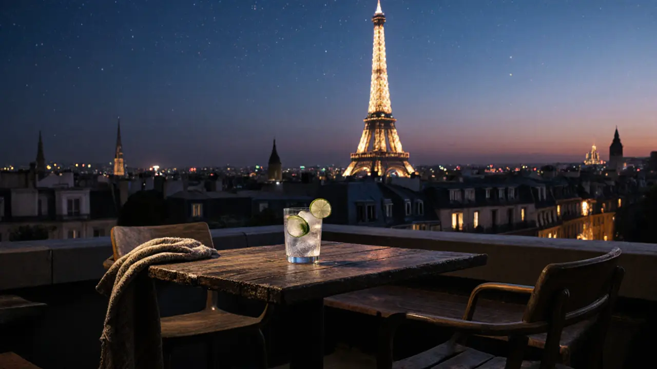 A rooftop bar at 3 a.m. with the Eiffel Tower reflected in a glass of gin and tonic.