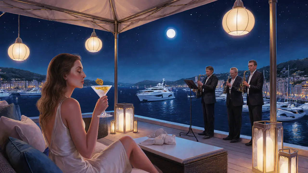 A rooftop lounge at Port Hercules with a woman drinking a gold-leaf martini under moonlight.