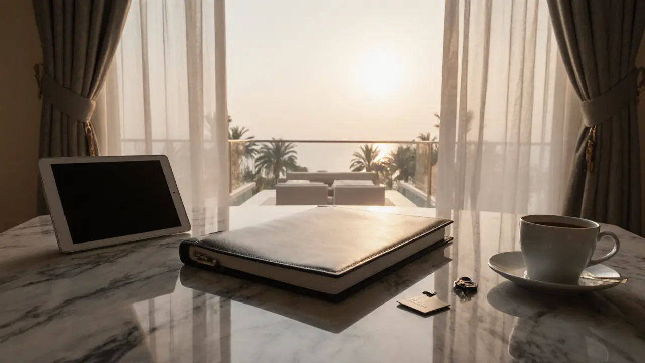 A secure luxury villa interior with a closed dossier, encrypted tablet, and coffee cup on marble, symbolizing discretion.