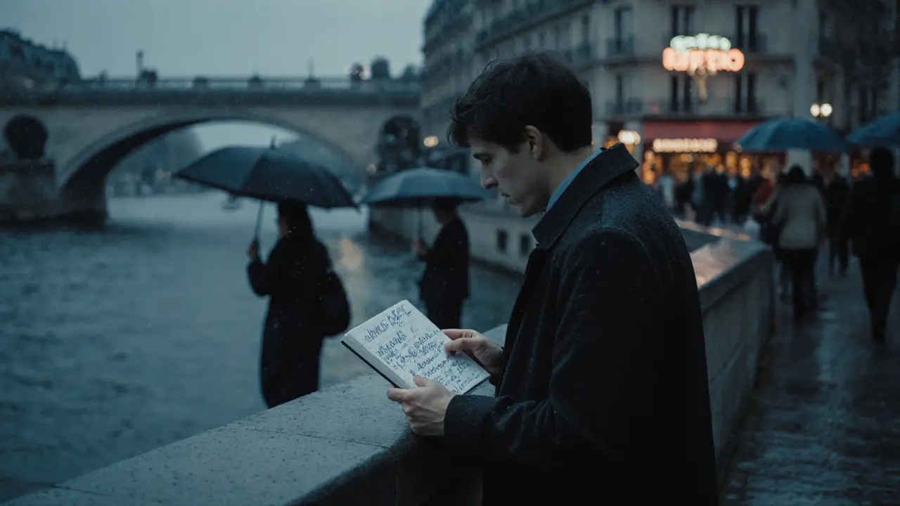 A solitary figure walking by the Seine at dusk, holding a notebook with personal notes under rainy skies.