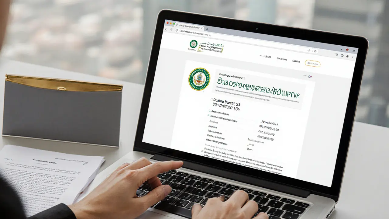 A verified business license and written agreement are visible on a desk in a Dubai office, with a laptop showing official government verification.