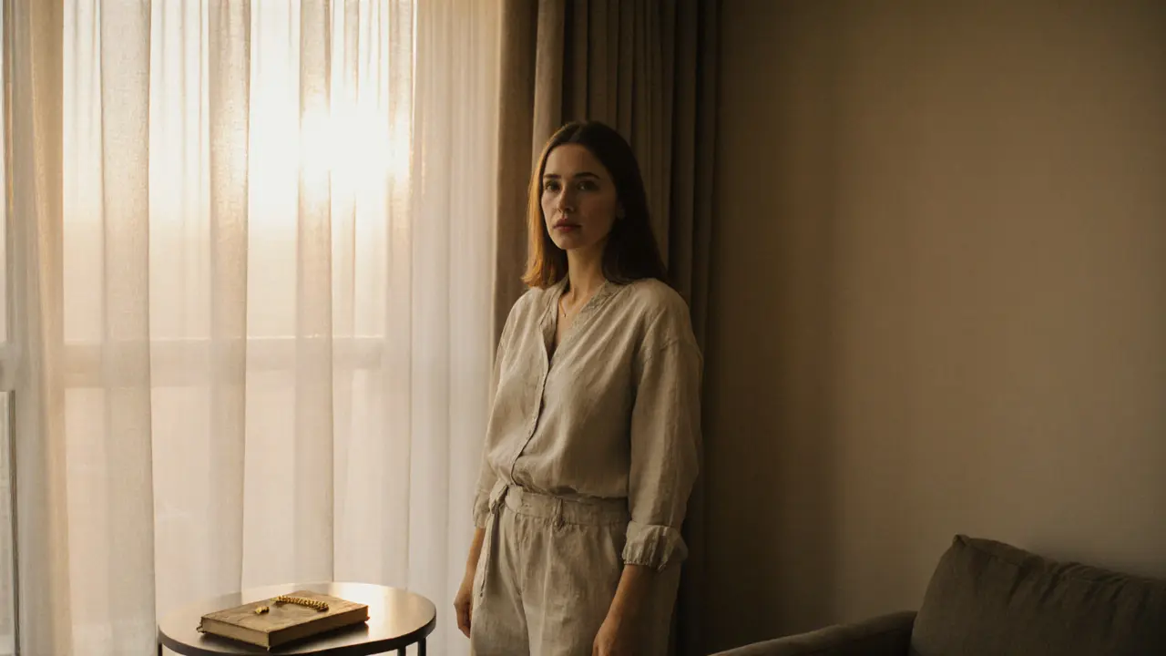 A woman in simple clothes sitting calmly in a sunlit room with a book nearby, radiating quiet authenticity.