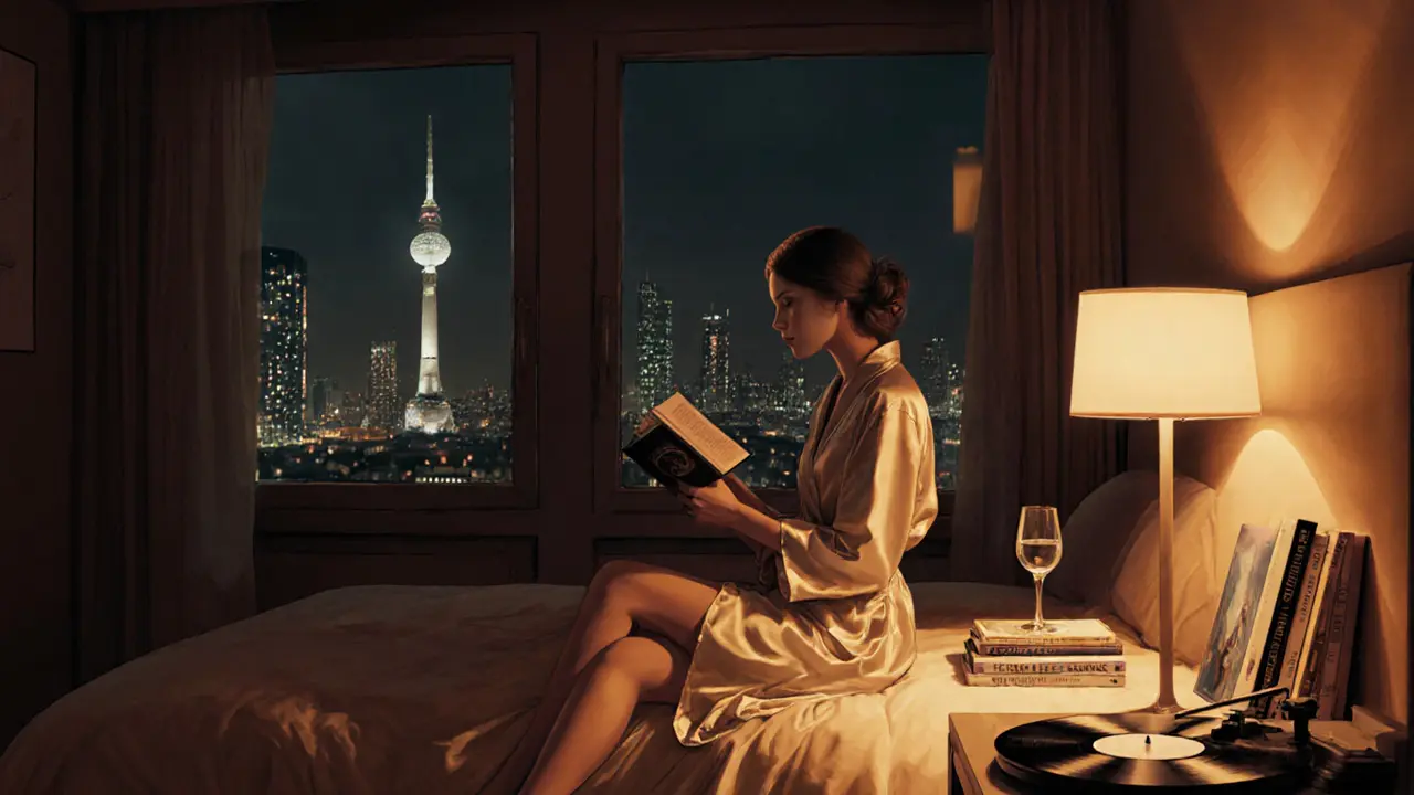 A woman relaxes in a cozy hotel room with a book and vinyl record, warm lighting casting a calm atmosphere in Berlin.