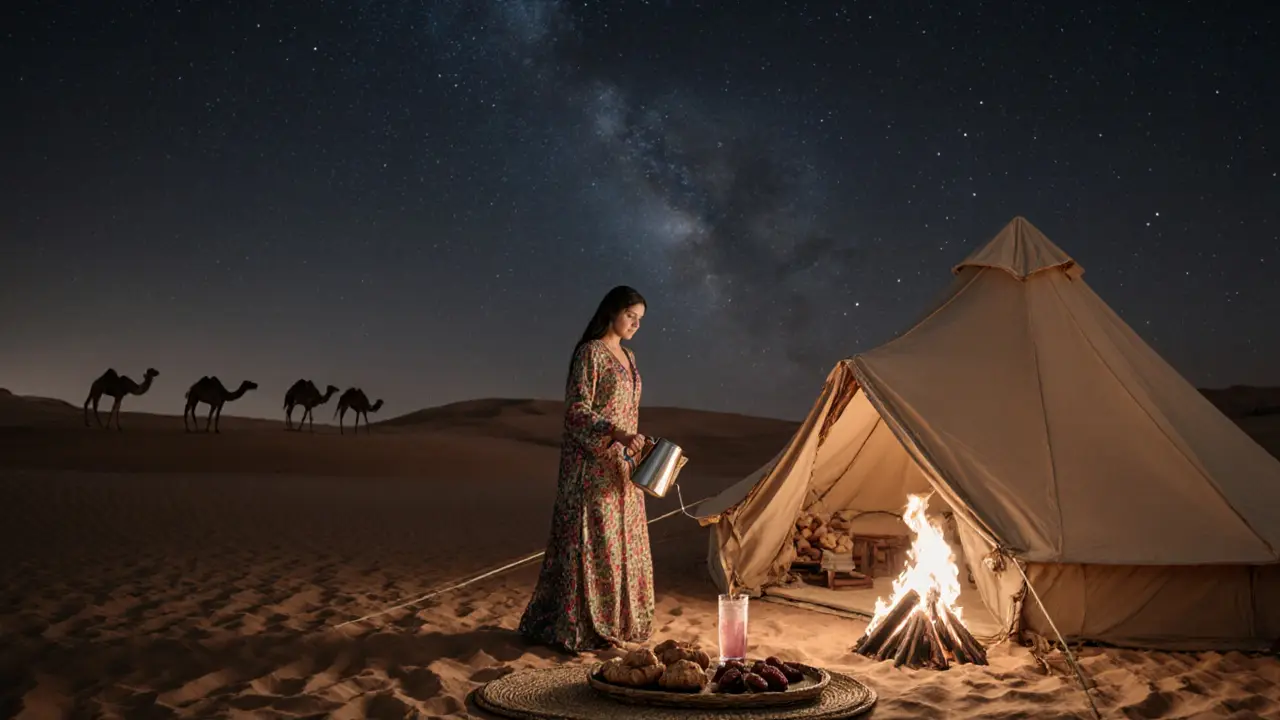 A woman serving traditional drinks in a desert camp under a starry sky, surrounded by soft firelight and sand dunes.