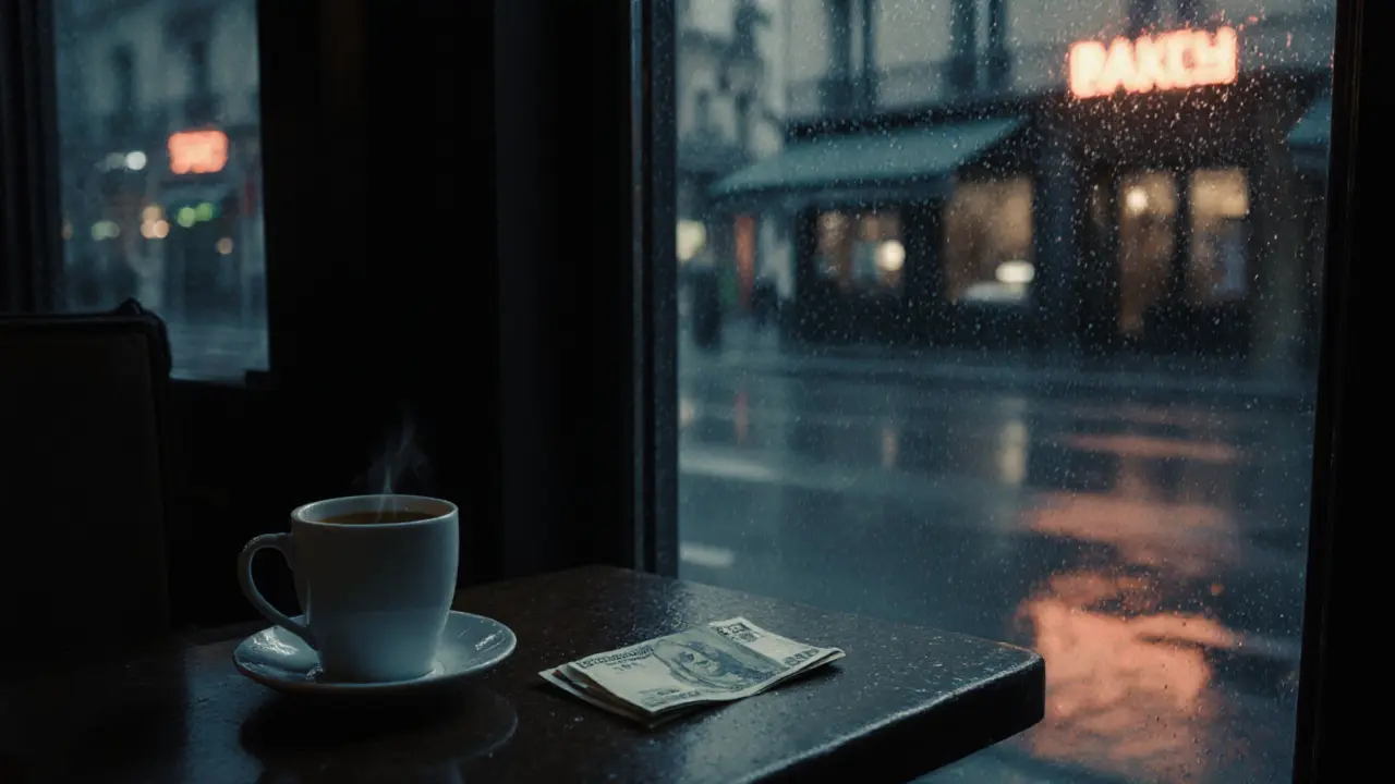 An empty Paris café at night with a cooled coffee cup and a folded €50 bill on the table.