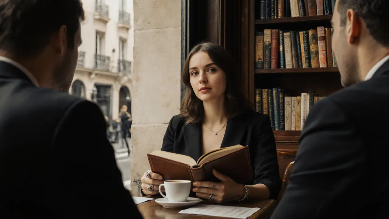 An escort and client having a thoughtful conversation in a Paris café, books and jewelry visible.