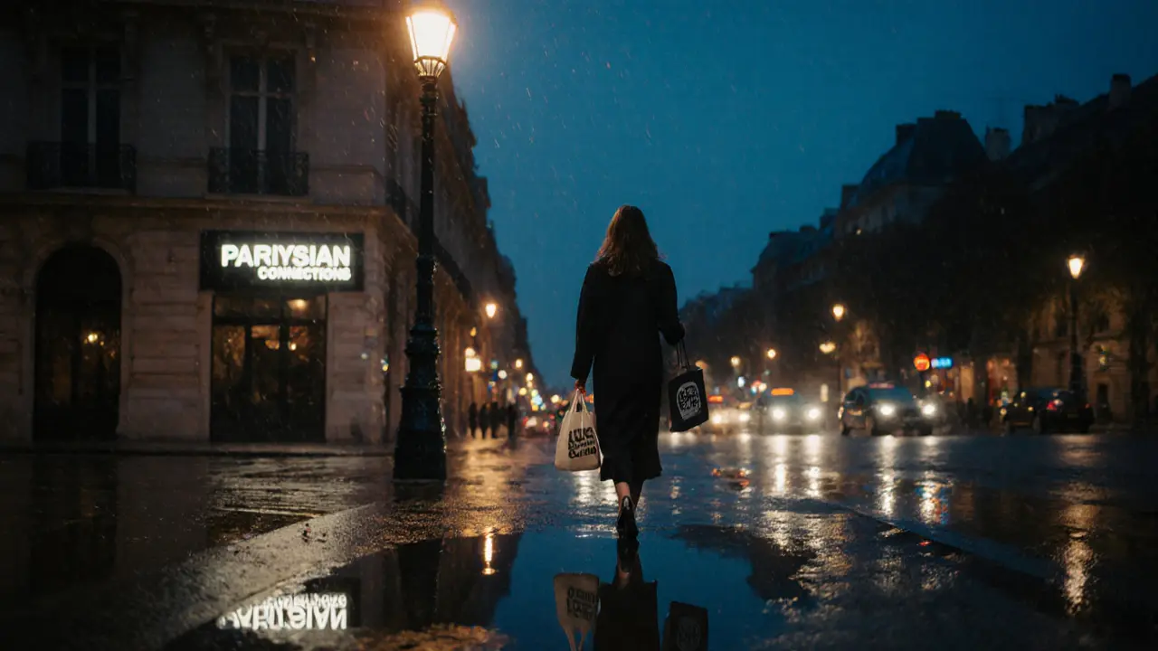 An escort walking alone in rainy Paris, carrying a tote bag with a Louvre tag under a streetlamp.