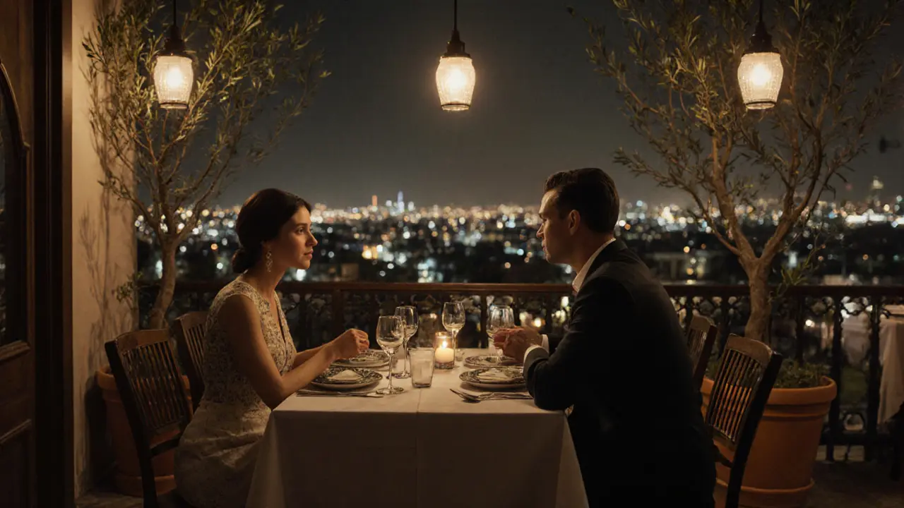 An intimate dinner at a quiet bistro in Dubai, with soft lighting and elegant table settings under a starry sky.