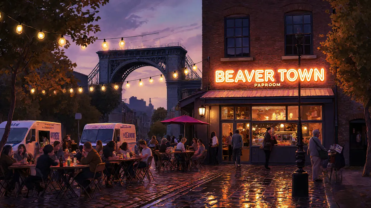 Beavertown Brewery's outdoor patio at night with string lights, food trucks, and guests enjoying IPAs.