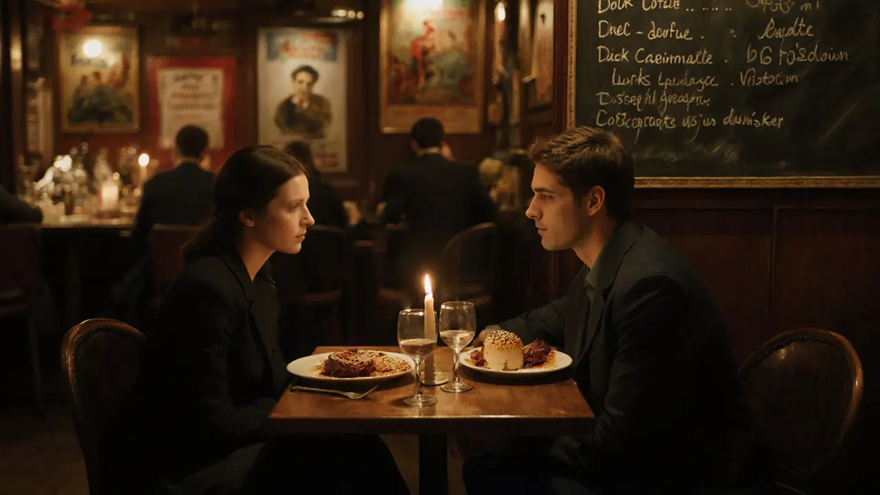 Candlelit dinner in a Montmartre bistro with duck confit and crème brûlée on the table.