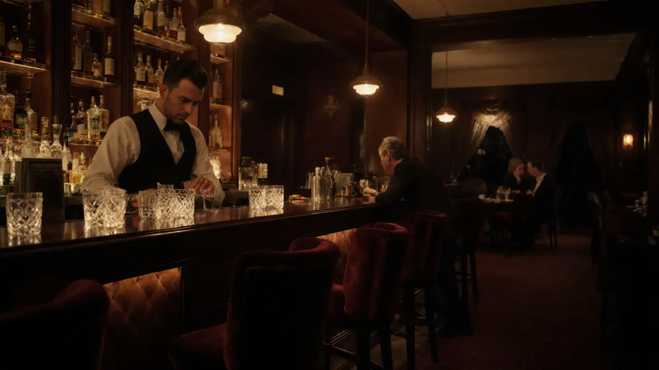 Cozy speakeasy bar with velvet booths, dim lighting, and whiskey bottles, quiet and intimate atmosphere.
