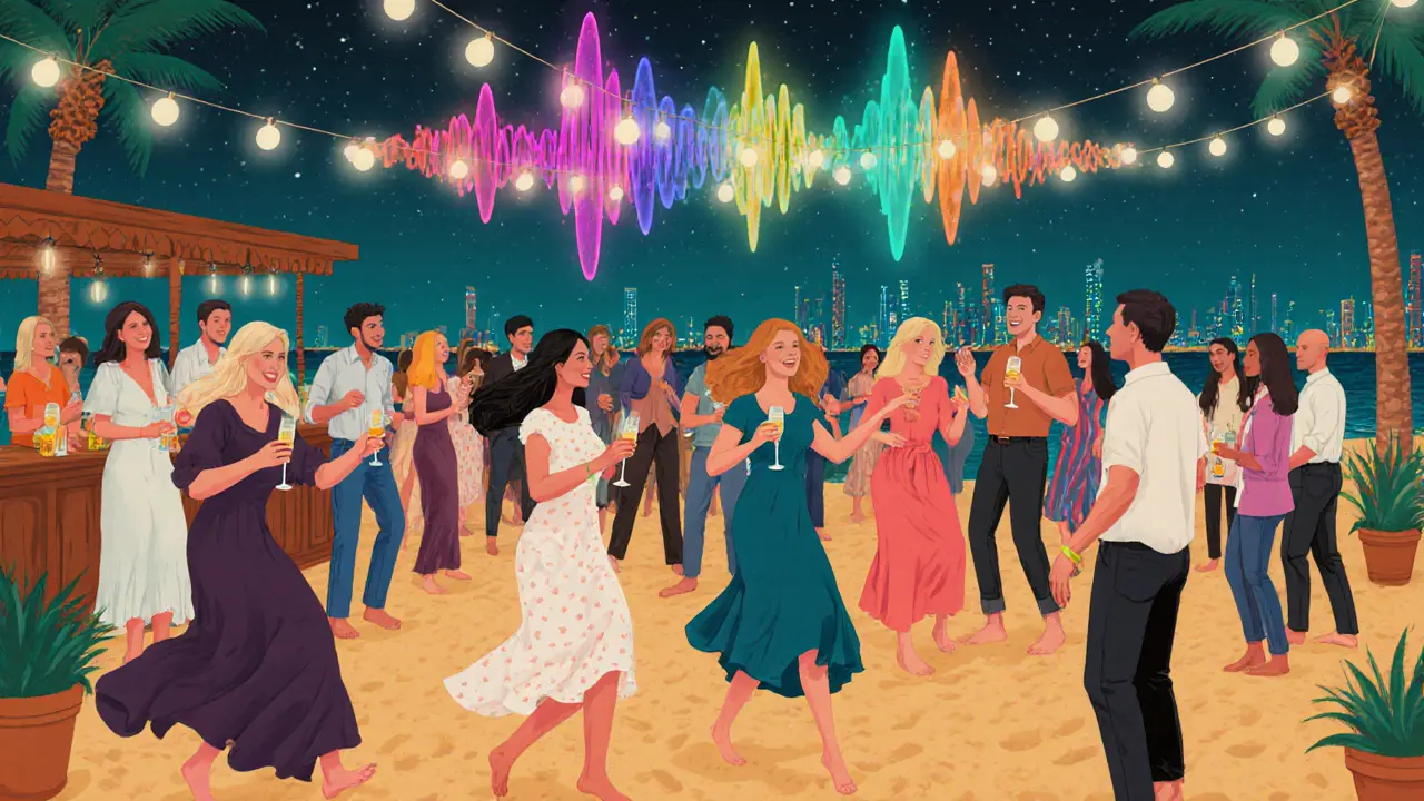 Crowd of women dancing at The Beach House under string lights with free drinks.