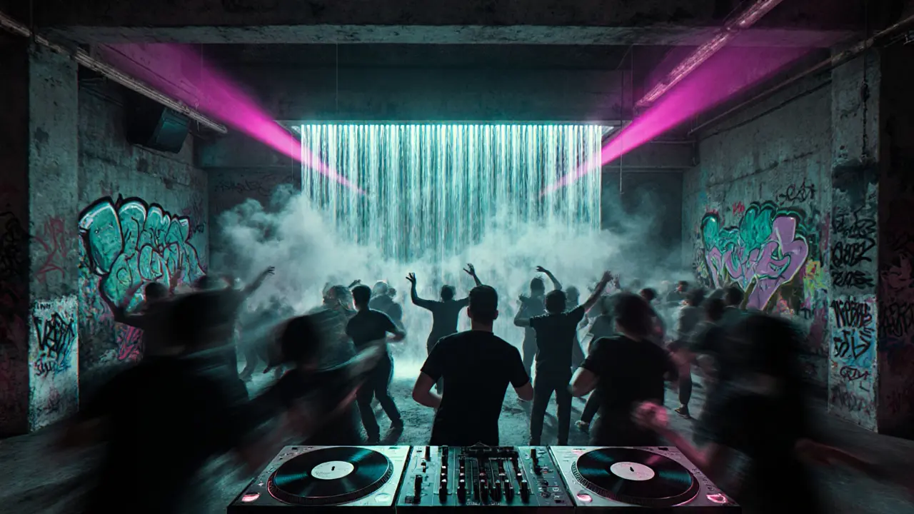 Dancers under a glowing LED waterfall in a converted warehouse nightclub in Milan, with dark silhouettes and neon accents.