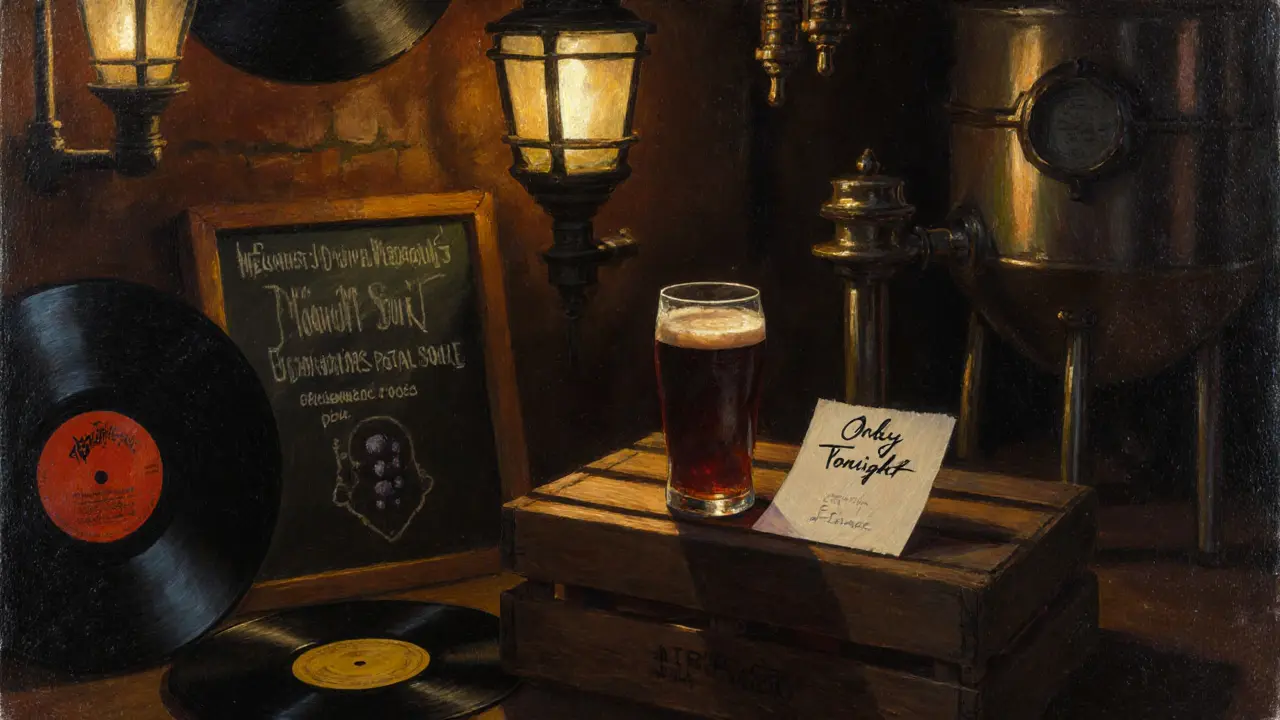 Dimly lit Camden beer cellar with a single glass of rare sour beer and candlelit intimacy.