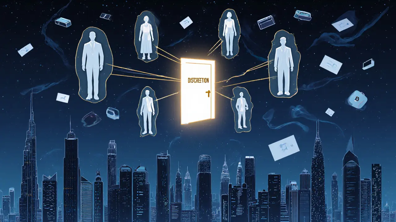 Dubai skyline with floating figures connected by golden threads to a door labeled 'Discretion'.